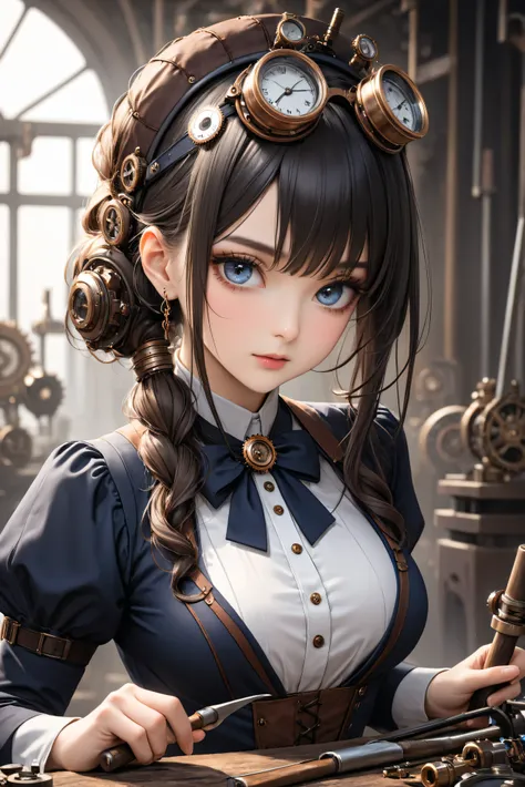  steampunk girl using tools　 high image quality　 beautiful eyes　 Well-groomed Face　 formal dress　 navy