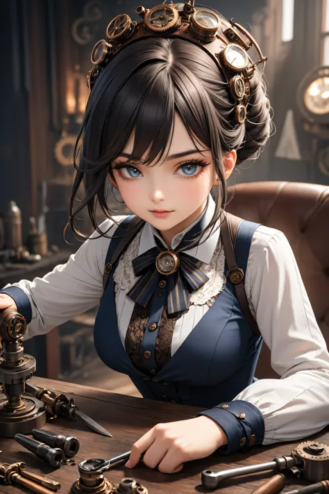  steampunk girl using tools　 high image quality　 beautiful eyes　 Well-groomed Face　 formal dress　 navy