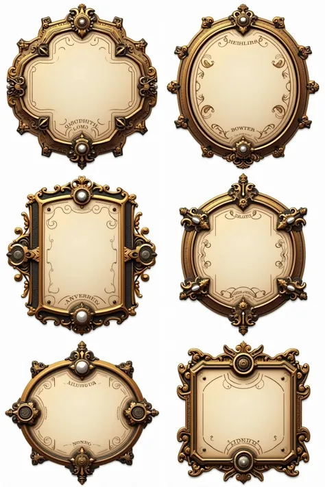 A set of four steampunk labels designed for easy cutting, featuring intricate Victorian-inspired borders, metal plates, brass gears, rivets, and engraved details. Each label should have clean lines and clear separation for easy cutting and placement in dig...