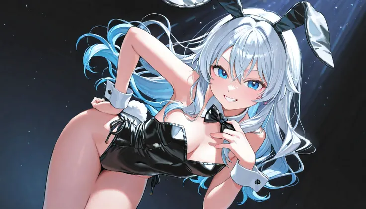 A small, youthful girl with short, wavy silver-blue hair and big, sparkling ocean-blue eyes stands confidently in a sleek black studio setting. She wears a glossy black bunny suit that hugs her petite frame, complete with white cuffs and a fluffy bunny tai...