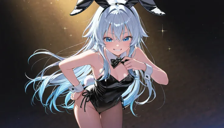 A small, youthful girl with short, wavy silver-blue hair and big, sparkling ocean-blue eyes stands confidently in a sleek black studio setting. She wears a glossy black bunny suit that hugs her petite frame, complete with white cuffs and a fluffy bunny tai...