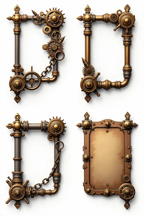 A set of four steampunk corner decorations, intricately designed with Victorian-style metal filigree, brass gears, pipes, and rivets. Each corner piece has a unique theme: one with ornate scrollwork and gears, another with industrial pipes and bolts, a thi...