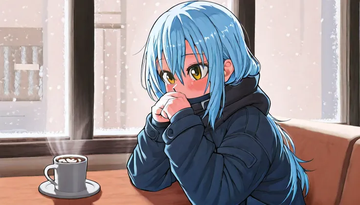 Rimuru Tempest sits by a café window, wrapped in a thick, oversized winter coat, its high collar pulled up to cover their mouth. Their sky-blue hair peeks out from underneath, strands catching the soft, dim winter light filtering through the glass. Their g...