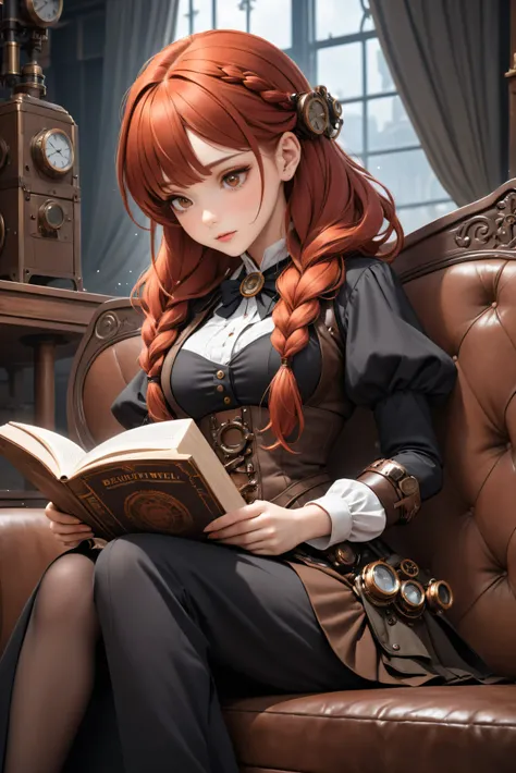  Steampunk Girls 　 high image quality　 　I'm sitting on the sofa and reading　 beautiful eyes 　 Well-groomed Face　 braids　 redhead