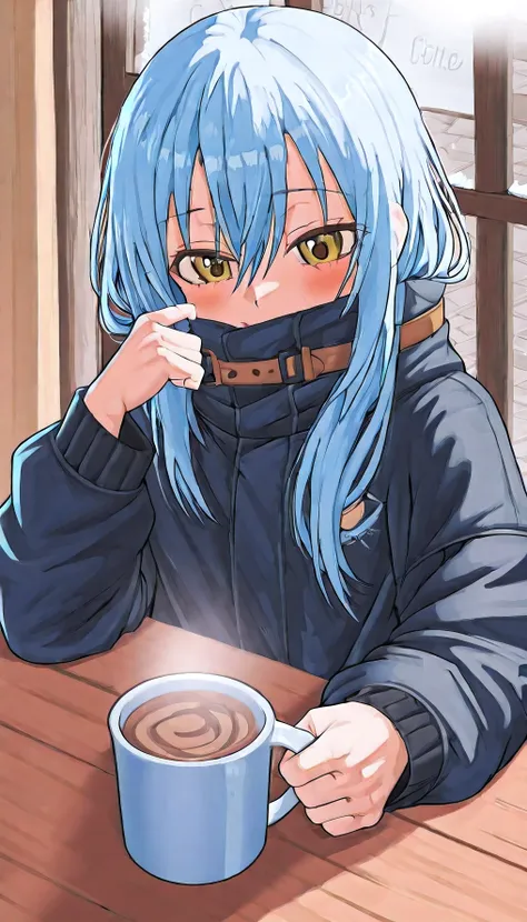 Rimuru Tempest sits by a café window, wrapped in a thick, oversized winter coat, its high collar pulled up to cover their mouth. Their sky-blue hair peeks out from underneath, strands catching the soft, dim winter light filtering through the glass. Their g...