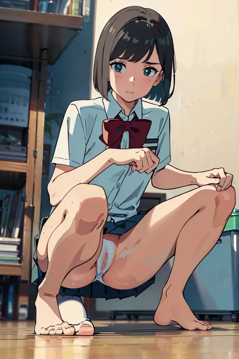 ((best quality)), ((masterpiece)), (detailed), nude bottomless school uniform bob haired girl squats with barefoot and spread own pussy by own hands.