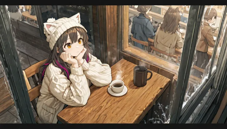 From a slightly elevated angle, she sits by the café window, lost in thought as she gazes at the bustling street outside. Her delicate fingers rest gently on her cheek, elbow propped up on the wooden table, while her other hand lies idly near a steaming cu...