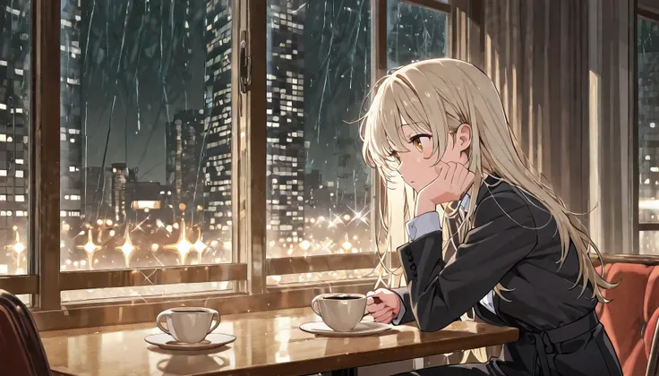 A woman in her late twenties sits alone at a dimly lit café, stirring her coffee as city lights twinkle through the window beside her. Her professional attire, slightly undone, hints at a long day behind her. She leans back, exhaling softly, her fingers tr...