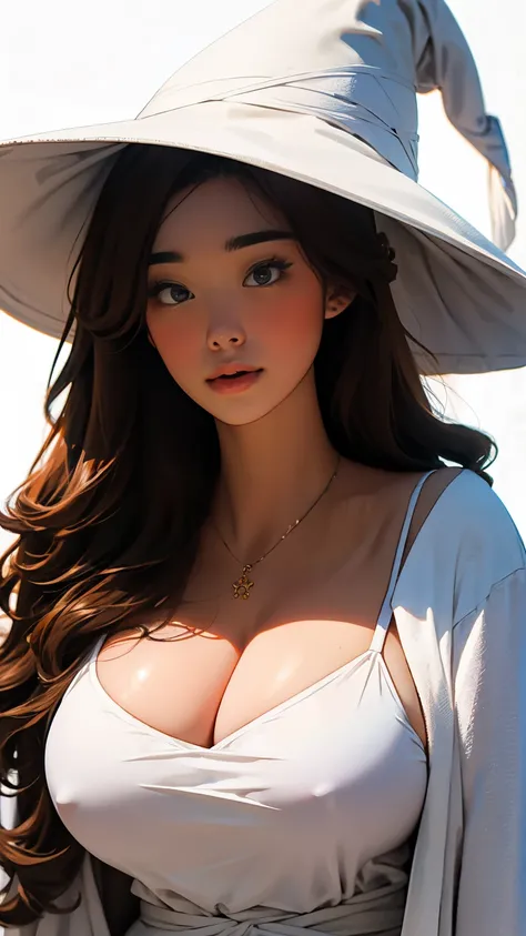 beautiful detailed 25 years old female japanese, wearing white witch outfit, white magic, magician hat, long robe, huge breast, curvy body, beautiful face, shiny white skin, cleavage