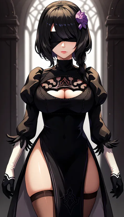 2bcosplay, 2b \(nier\:automata\) \(cosplay\), gloves, long sleeves, dress, puffy sleeves, black dress, clothing cutout, cleavage cutout, juliet sleeves, feather-trimmed sleeves, blindfold, black blindfold, covered eyes,huge breast,ctianelsa, black hair, pu...