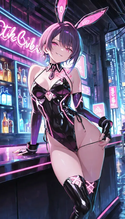 (masterpiece, best quality, 8k, ultra-detailed), A futuristic bunnygirl with neon-blue short hair and glowing pink eyes, standing confidently in a cyberpunk city illuminated by holographic billboards and neon lights. She wears a sleek, high-tech black and ...