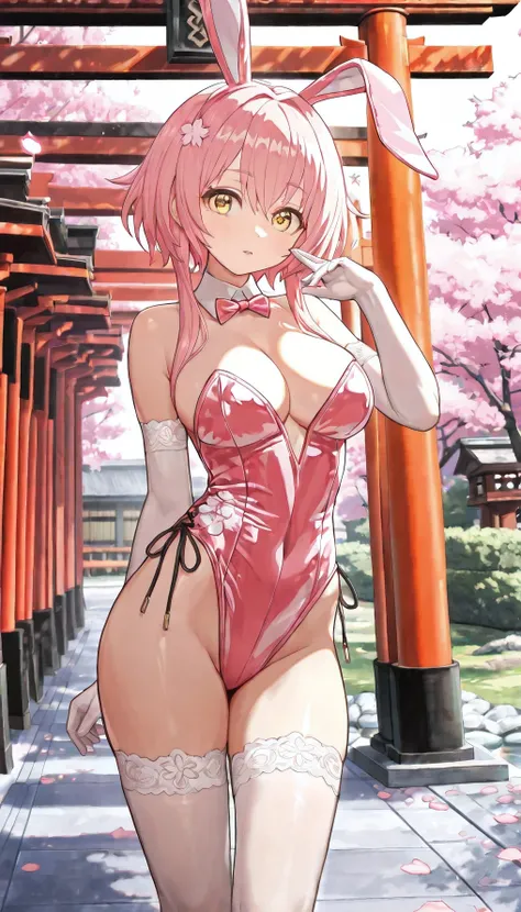 (masterpiece, best quality, 8k, ultra-detailed), A gentle and elegant bunnygirl with soft pastel-pink hair and golden eyes, standing under a blooming sakura tree during sunset. She wears a light pink bunny suit with floral embroidery, delicate sheer stocki...