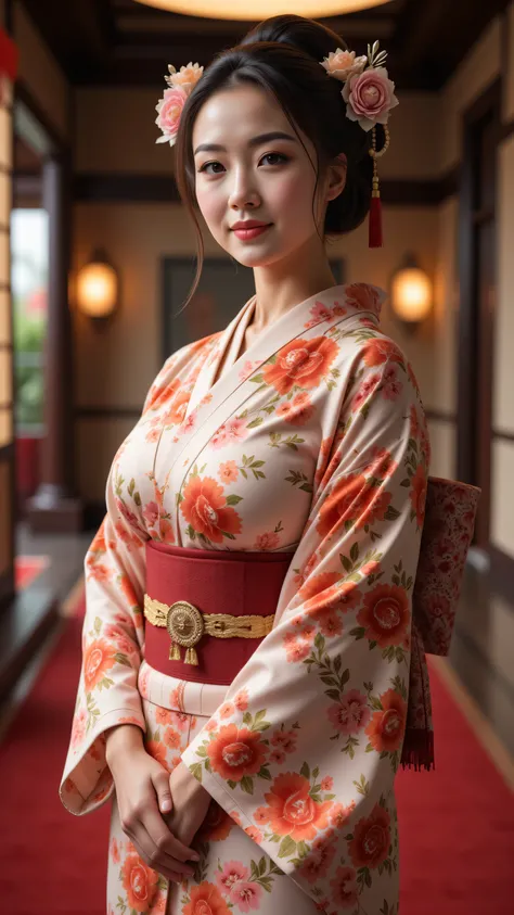 An arafed smiling japanese woman in a japanese traditional folk kimono dress standing in a room, wearing ancient chinese clothes, palace ,an oiran, a girl in hanfu, hanfu, traditional chinese clothing, with acient chinese clothes, chinese dress, japanese k...