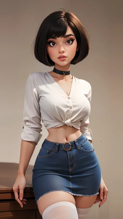 1girl,solo,(cute), makeup, (dark hair), (hair bob cut),choker, (high quality), (best quality), sharp focus:1.2, ((masterpiece)), curvy body,narrow waist, narrow hips, narrow. (White blouse, cropped denim skirt), ( black thigh highs), (cowboy shot)