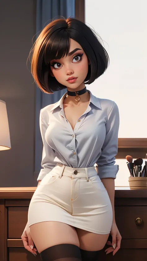 1girl,solo,(cute), makeup, (dark hair), (hair bob cut),choker, (high quality), (best quality), sharp focus:1.2, ((masterpiece)), curvy body,narrow waist, narrow hips, narrow. (White blouse, cropped denim skirt), ( black thigh highs), (cowboy shot)