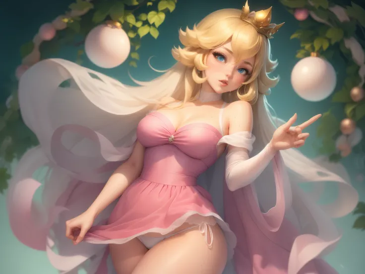  Princess Peach,  blue eyes impressive proportions, ( pink dress),  white background,  long hair,  foliage, (Ornaments),  full body,  neckline ,  open legs ,  On the back,  pink thighs, sweating, wet, blush, in love ,  white panties