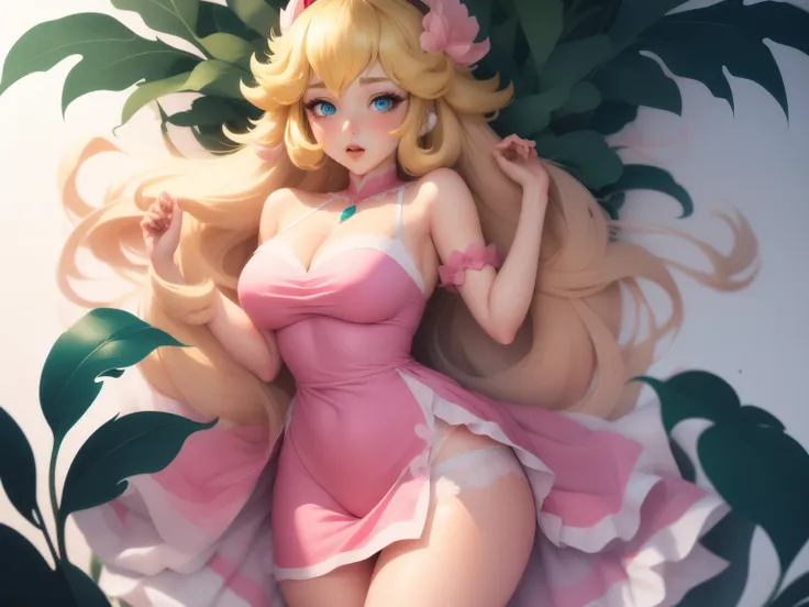  Princess Peach,  blue eyes impressive proportions, ( pink dress),  white background,  long hair,  foliage, (Ornaments),  full body,  neckline ,  open legs ,  On the back,  pink thighs, sweating, wet, blush, in love ,  white panties