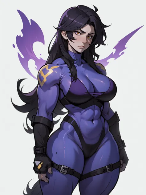 sad girl solo standing skintight ((muscular girl purple purple purple )) toned body massive breasts yellow eyes black hair pale skin thick very long hair very long hair empty eyes embarrassed thick 