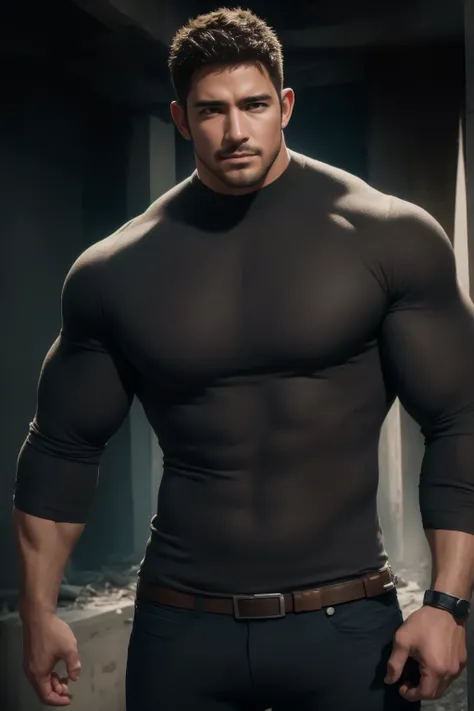 两个 Muscular男人深情拥抱着,   VERY STRONG ，直角的肌肉肩，Flat head，Ruins in an abandoned city in the open air, 他背靠着脏污的墙壁， wearing a high-neck gray denim textured long sleeve tight t-shirt , Dirty body ，He has a sad expression， Lift your chin,  messy hair ,   thick thighs...