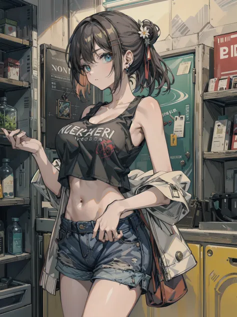 cowboy shot, earring, big breasts, narrow waist, half updo, hair ornament, short hair, black hair, shorts, tank top shirt, t-shirt, crop top, indoor,