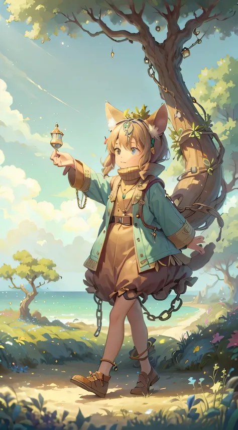 Close to the seashore, Oak green, Gold Chain on Oak Tom, And during the day, and at night, The cat scientist continues to walk on the chain...
