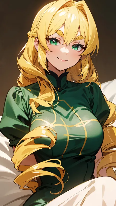 One girl sitting on the bed 、solo、 Gold、 long hair、Vertical roll hairstyle 、 emerald eyes、 thick eyebrows、smile、 wears emerald colored pajamas、 upper body close-up、 simple background