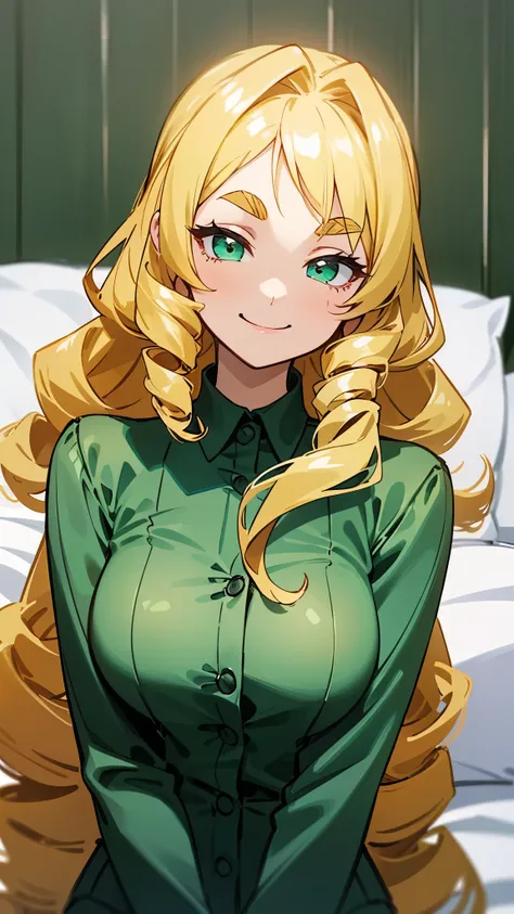 One girl sitting on the bed 、solo、 Gold、 long hair、Vertical roll hairstyle 、 emerald eyes、 thick eyebrows、smile、Wearing pajamas、 upper body close-up、 simple background