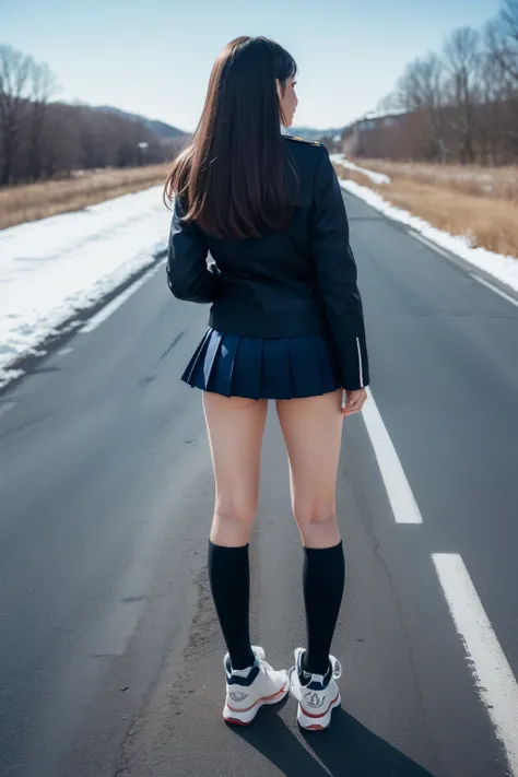 ((Blue sky background)),upskirt,Under skirt,Peeking,Voyeur, Panchira, Lower Body of a Female Middle School Student Standing on a Snowy Road in the Countryside, back view,uniform, on the back of a black down jacket, low angle,(( Navy Blue Micro Pleated Mini...