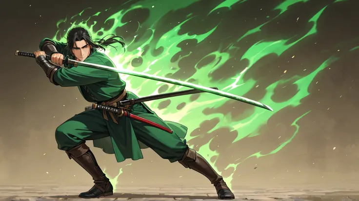 boy, with a katana, full body with Legs bent as if they were going to run with aura green in dynasty era dynasty In the middle Shangs