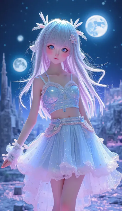 **" Anime girl with long ,  with iridescent silver hair ,  that flow ,  like streams of moonlight .  Her eyes are emerald , deep,  filled with magic and reflecting the infinity of the universe.  Her face has a light blush ,  are in the air and under her ey...