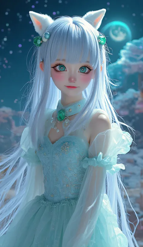 **" Anime girl with long ,  with iridescent silver hair ,  that flow ,  like streams of moonlight .  Her eyes are emerald , deep,  filled with magic and reflecting the infinity of the universe.  Her face has a light blush ,  are in the air and under her ey...
