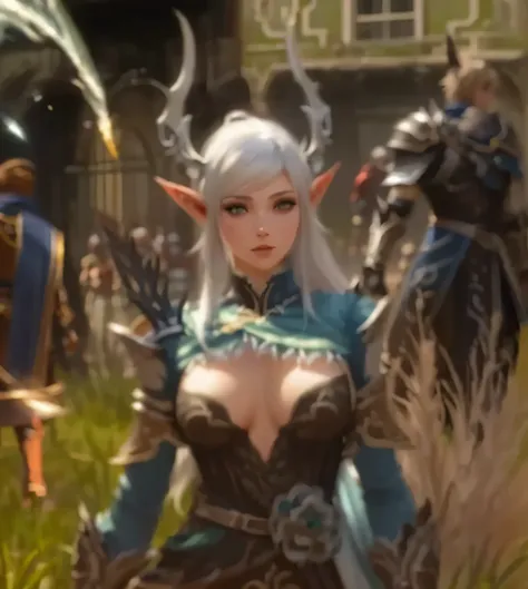  A close up of a woman in costume in a field, Guild Wars 2, <mmorpgs scene, mmorpg gameplay, mmorpg, mmorpg fantasy, de personagem de anime de Guild Wars, black elf princess, Set in the world of Guildwars2,  fascinating and hypnotic woman ,  Seductive Elf ...