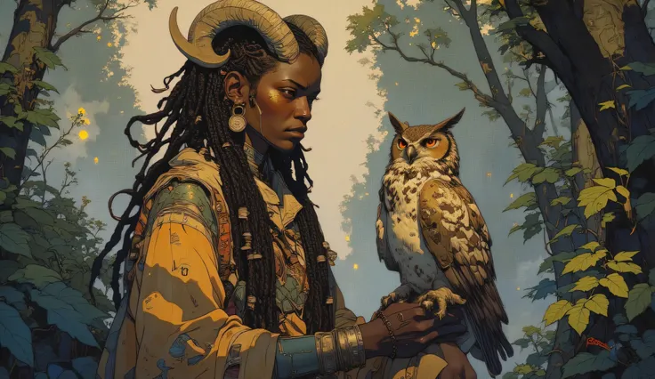 16:9 aspect ratio Art noveau drawing of a powerful Black female druid with a mystical aura, illustrated in the highly detailed and dynamic style of Frank Frazetta pulp. She has long braids and dreadlocks adorned with natural elements like bones and wooden ...