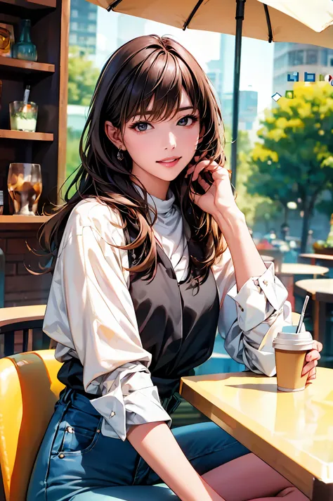 Outdoor terrace of urban cafe, sunny day, sophisticated woman in her late twenties sits at a table. She has long black hair, wears a green blouse and denim jeans. There is a coffee cup on the table. A friend sits opposite the woman, taking a photo of her w...