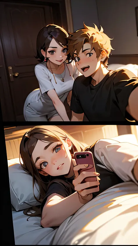 Two adults, male and female recording selfie in the bedroom.  High Resolution, 1girl, 