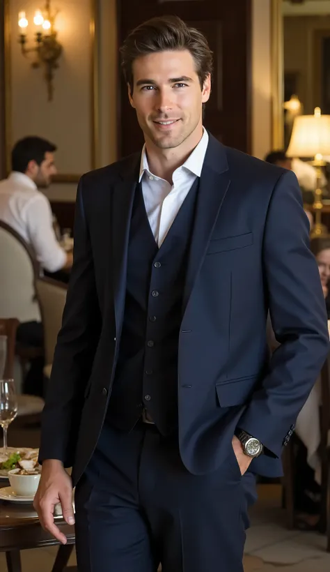 a young, handsome man, about 30 years old, brown hair, brown eyes, masculine, wearing a navy blue suit, smiling, standing in a restaurant