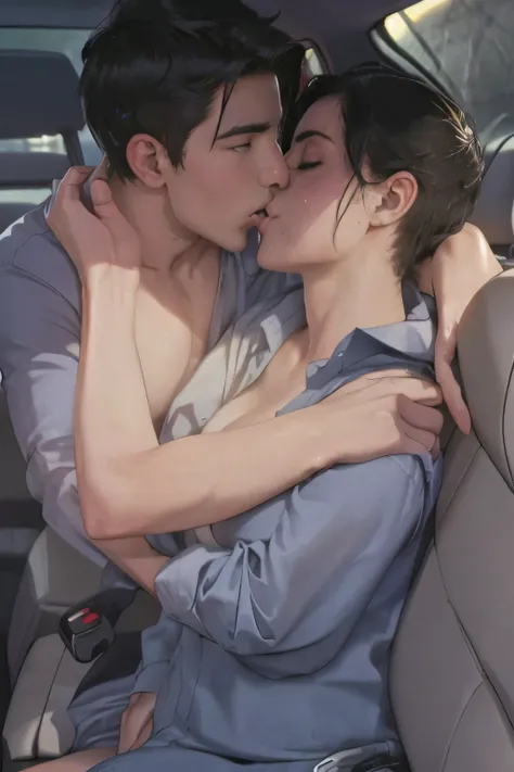 Shirtless boy kissing and passionately making out with sexy woman sitting inside a car, tinted windows, partially unbuttoned black shirt, seductive look, sultry pose, so sexy, raining outside, foggy windows