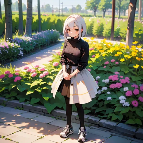 ( high quality,  high res, Very detailed, reality:1.37), Peaceful atmosphere, (Outdoors, garden),  teenage girl standing alone,(My breasts are small.), Beautiful details,  cute smile, (Black Bob),Ribbed sweater, brown skirt ,  black tights, sneakers.