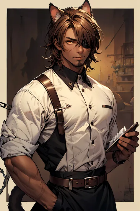 masterpiece, portrait, 1male, ((tall male)), ((strong)), ((waiter outfit)), brown hair, (medium hair), mature male, ((dark skin)), (facial hair:0.9), wearing eyepatch, 1eye, yellow eye, slit pupil, cat ears, cat tail, neko, scars, medieval background, (cha...