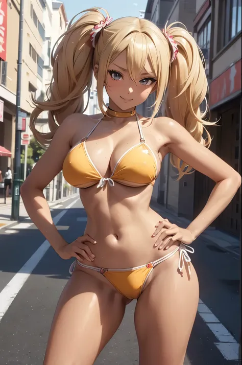 masterpiece, best quality, very detailed body, ultra detailed, very detailed face, (((anime))), ((1girl, gyaru)), ((standing at the street, hands on the hip)), ((twist body)), (((tanned skin))), (((bikini))), (((bare abdomen))), (((medium breasts))), ((thi...