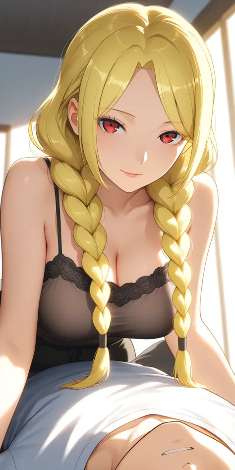 Masterpiece, elegant mature woman, usagi tsukino, long hair, two braids, two buns on top of the head, center parting, center parted bangs, yellow hair color, tall body, camisole, upper body, dynamic lighting, ultra detailed, highres, absurdres, home, usagi...