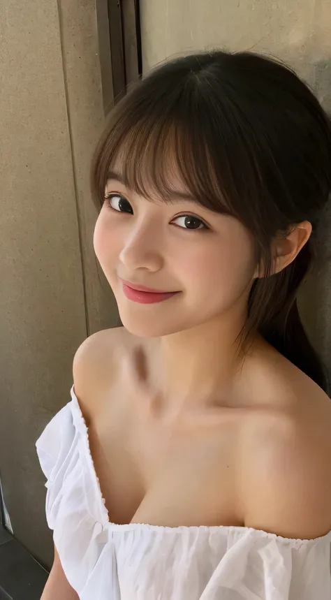 masterpiece,best quality,(Japanese girl),((Beautiful girl)),cleavage,(off shoulder:1.2),(perfect body beauty:1.2),(shy smile),From slightly above