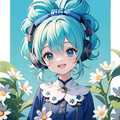  chibi character ,Cinnamic,   high res, headphones   ,  Lantern/  light blue hair ,   blue eyes,Look at the background of flowers,  blushes,  smiles,  blushes,  open the mouth,  top quality,  shortcuts, 