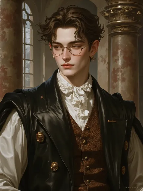 16-year-old boy, Renaissance-style clothes,  brown hair,  wears glasses, slender and elegant . The background is the interior of a classic castle. 