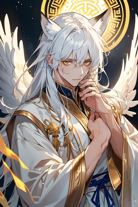 1 man, tranquility, age 35, face, long messy bangs, White hair, long hair, golden yellow eyes, (white simple greek god tunic ), Close-up, angel wings, white fox ears