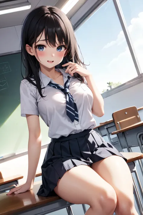 Naughty schoolgirl、Black Haired Beautiful Girl、Short-sleeved uniform、 horny thighs、classroom、 looks good