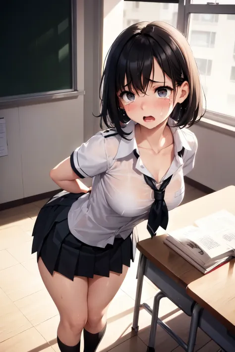 Naughty schoolgirl、Black Haired Beautiful Girl、Short-sleeved uniform、 white collared blouse 、Collarbone in full view、 lower back、 pleated skirt、 sticking out the butt、 horny thighs、Inner thighs、 black socks、Hide your arms behind your back 、 looks good、Frig...