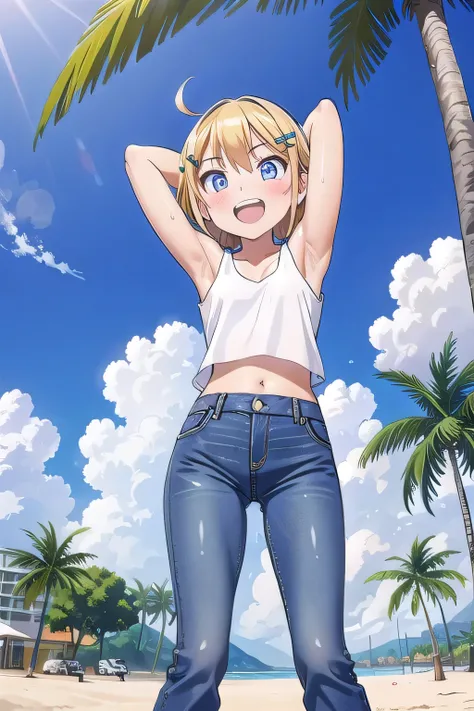 masterpiece,best quality,ultra detail, ((Perfect Face, Perfect Arms, Perfect hands, Perfect Fingers)), 1girl, 14yo, petite, ((round face, ecstasy, orgasm face, drooping eyes, shame smiling, blush)), dropping eyes, sleepy, Open mouth, ((White teeth)), backg...