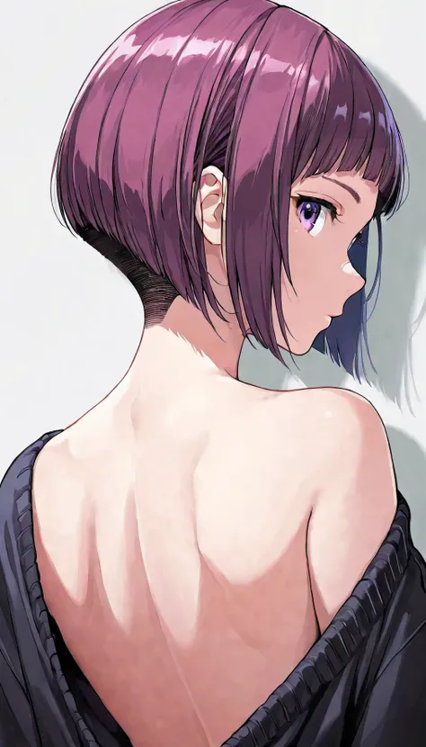 1girl, solo, exposed back, upper body, bob hair, short hair, short bob hair, bob cut, haircut, undercut, bobbed hair, minibob, buzz hair cut, purple eyes