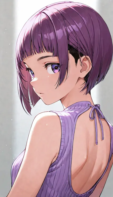 1girl, solo, exposed back, upper body, bob hair, short hair, short bob hair, bob cut, haircut, undercut, bobbed hair, minibob, buzz hair cut, purple eyes